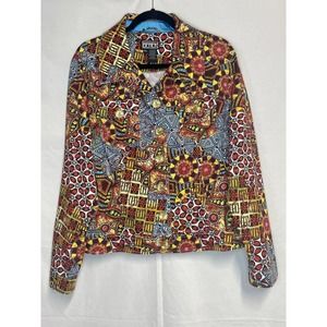 Berek 1XL Retro Abstract Geometric Floral Print Gold Red Blue Button Jacket